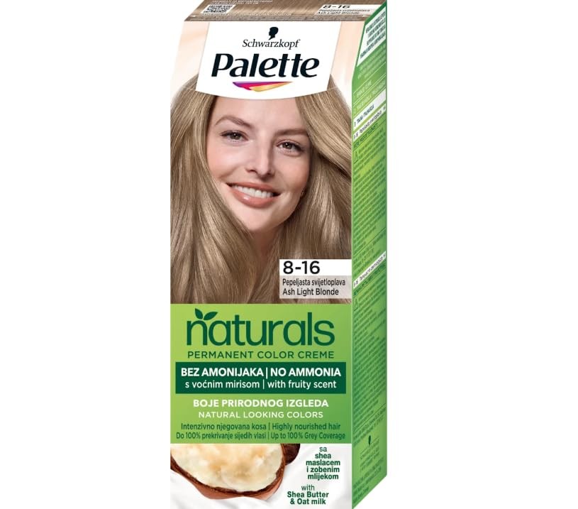Palette Crema colorante permanente Naturals con profumo fruttato di burro di karité e latte di avena 8-16 biondo cenere
