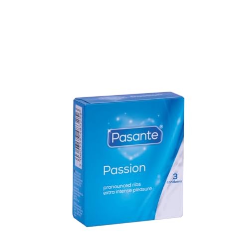 Pasante Preservativi Passion con nervature e scanalature per stimolazione orale, confezione da 3 pezzi.