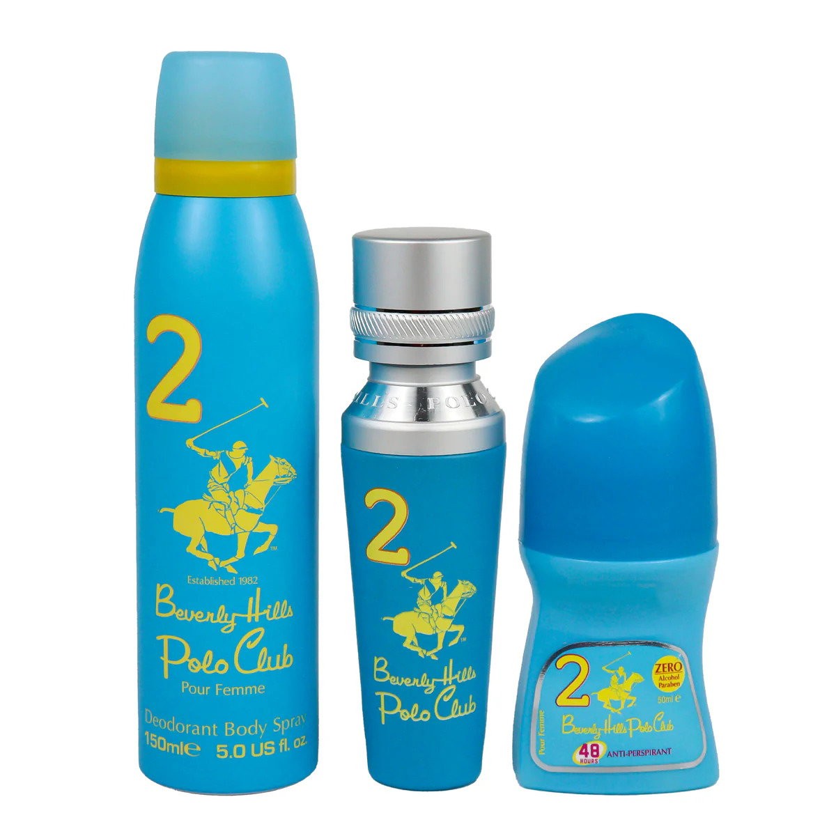 Set Beverly Hills Polo Club: No. 2 Eau De Parfum donna 50ml + No. 2 antitraspirante deodorante roll-on donna 50ml + 1982 - Sport