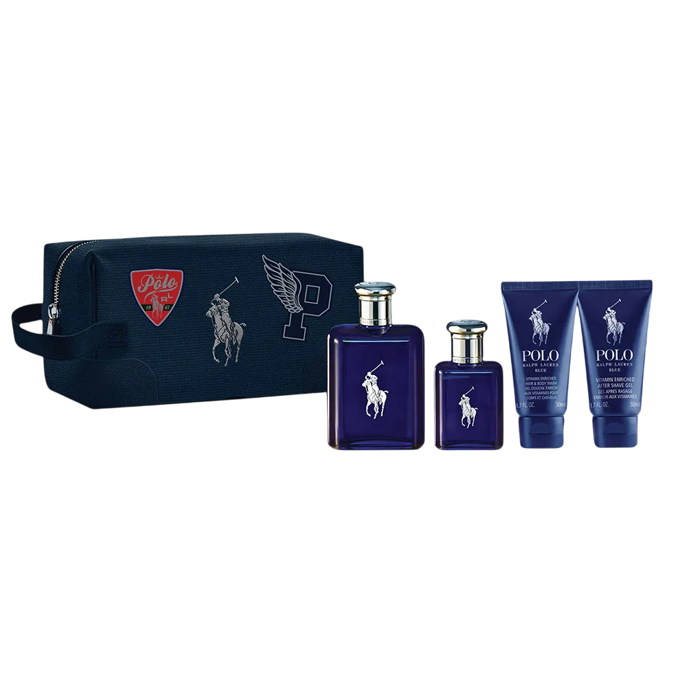 Set Ralph Lauren: Polo Blue Eau De Toilette uomo 125ml + Polo Blue Eau De Toilette uomo 40ml + Polo Blue gel doccia e shampoo 2