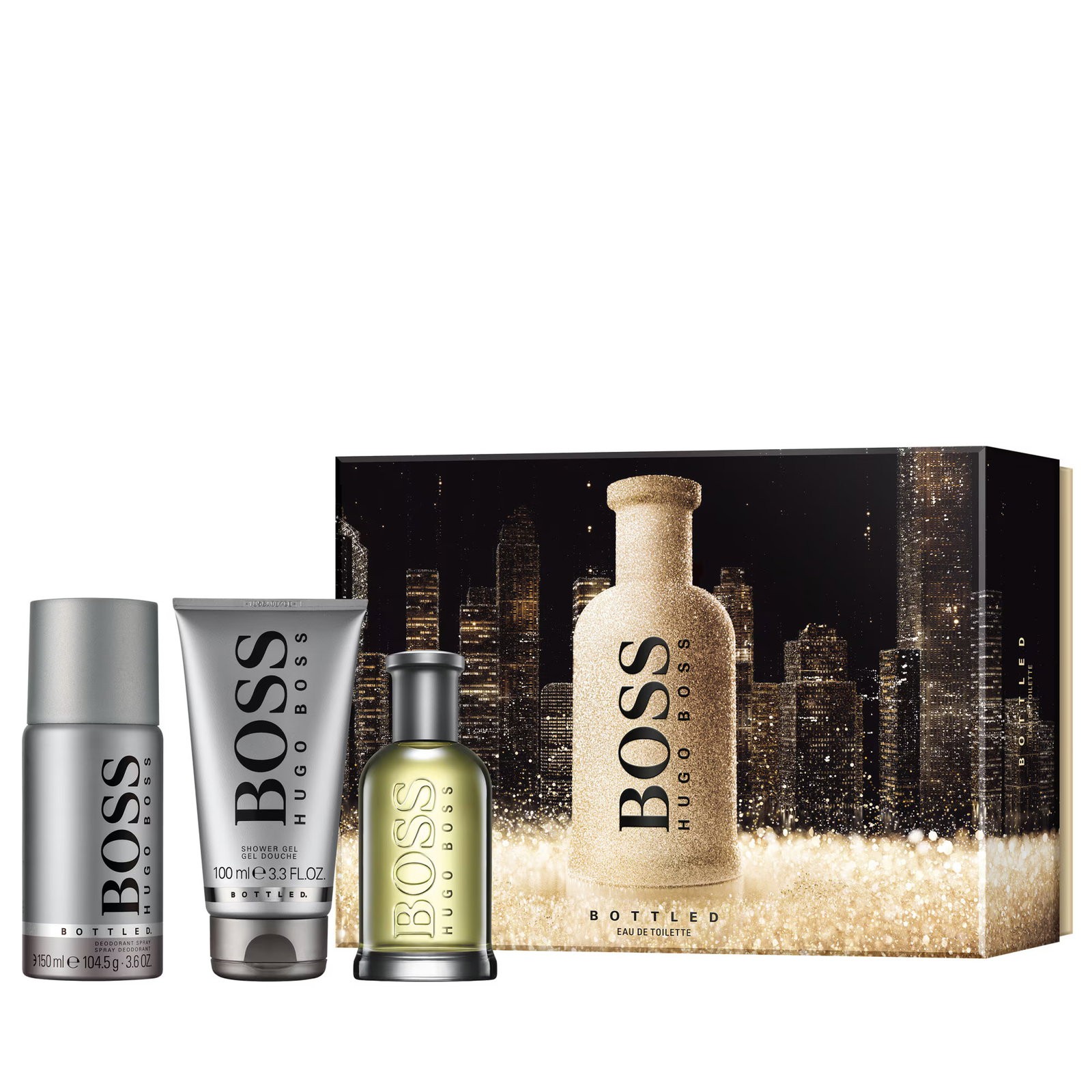 Set Hugo Boss: Boss Bottled Eau De Toilette uomo 100ml + Boss Bottled spray deodorante uomo 150ml + Boss Bottled detergente gel
