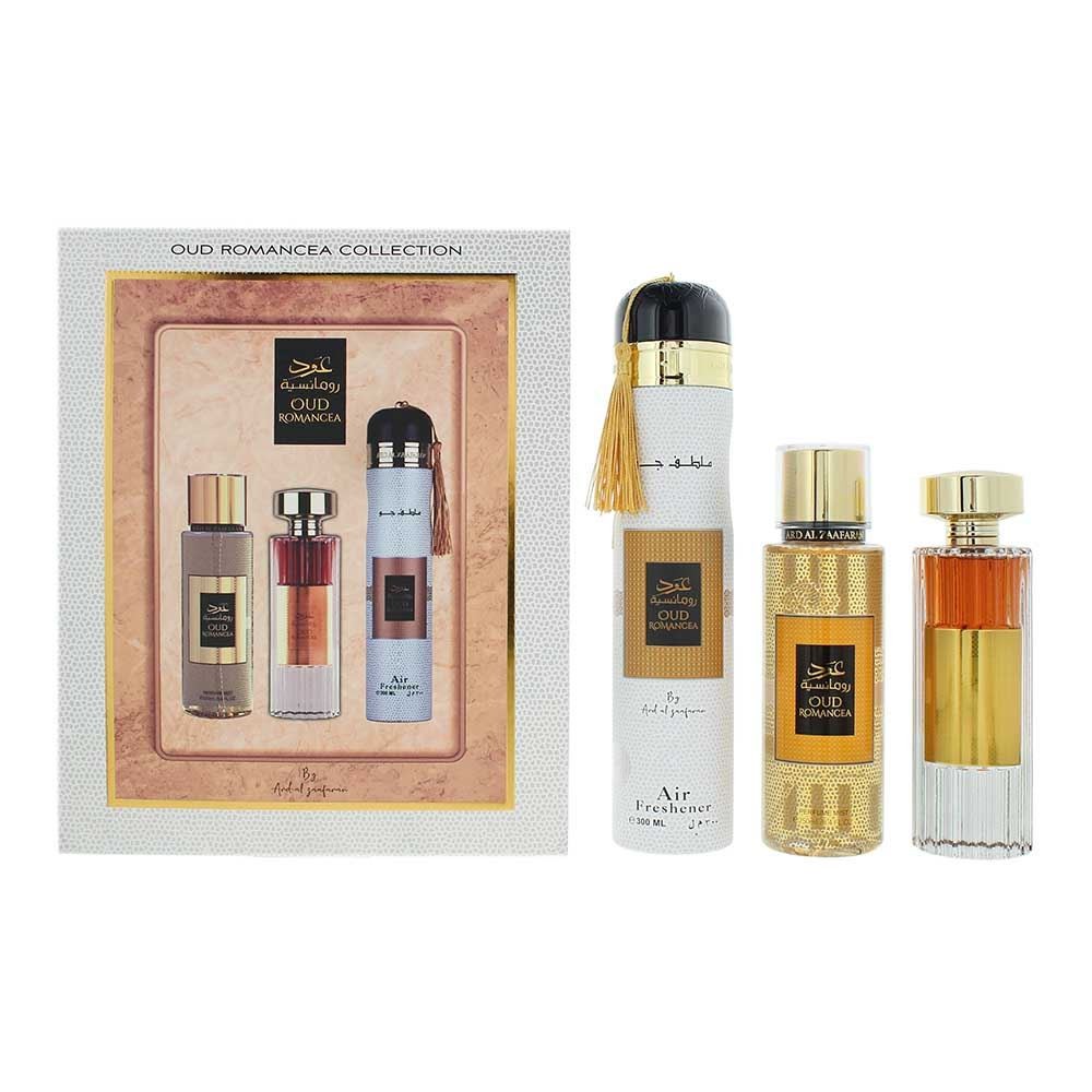 Set Ard Al Zaafaran: Oud Romancea Eau De Parfum donna 100ml + Oud Romancea spray profumato donna 250ml + Oud Romancea Amber deod