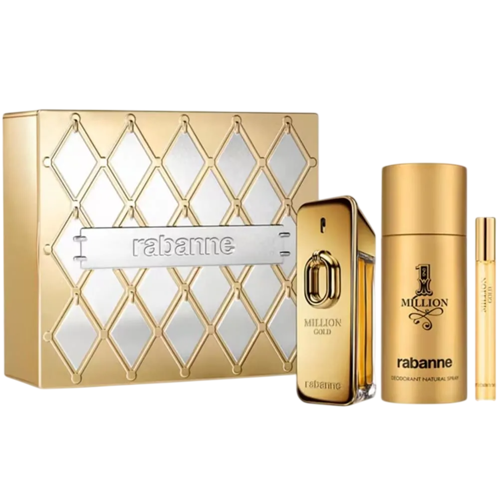 Set Paco Rabanne: Million Gold Eau De Parfum uomo 100ml + Million Gold Eau De Parfum uomo 10ml + 1 Million antitraspirante spray