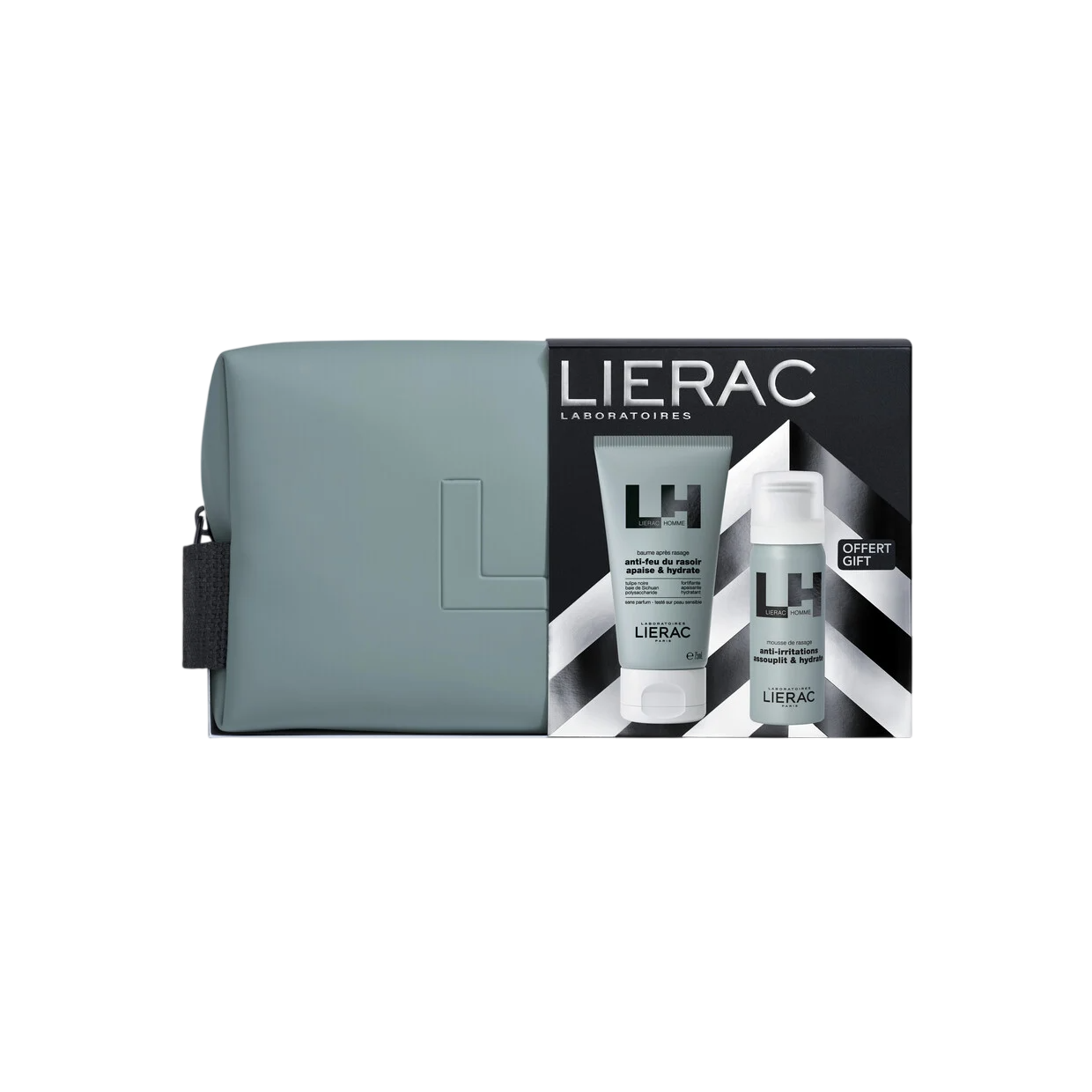 Set Lierac: Homme idratante balsamo dopobarba 75ml + Homme idratante schiuma da barba 50ml + Homme Zippered GWP Textile Pouch