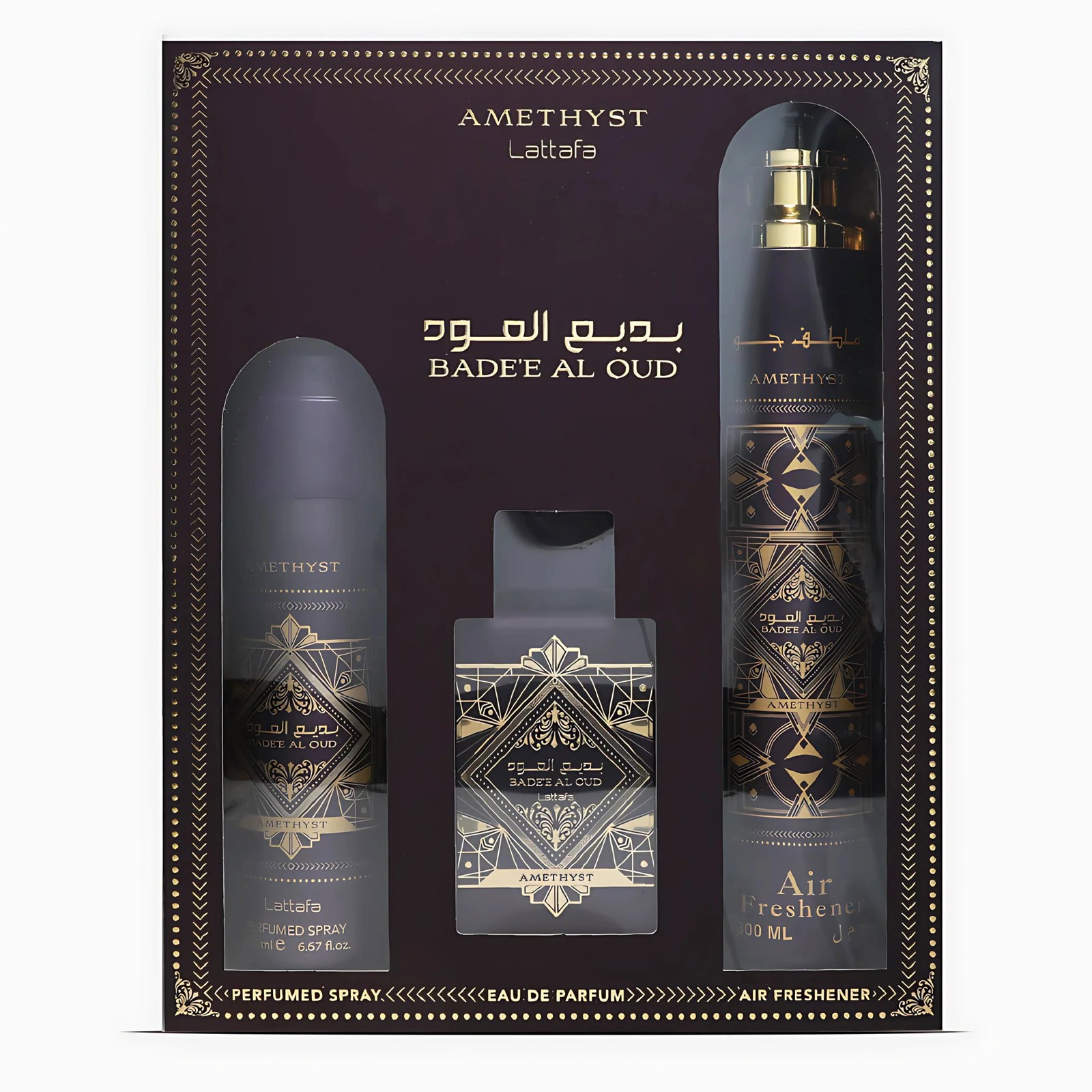 Set Lattafa: Bade'e al Oud Amethyst Eau De Parfum uomo 100ml + Bade'e al Oud Amethyst spray corpo 200ml + Bade'e al Oud Amethyst