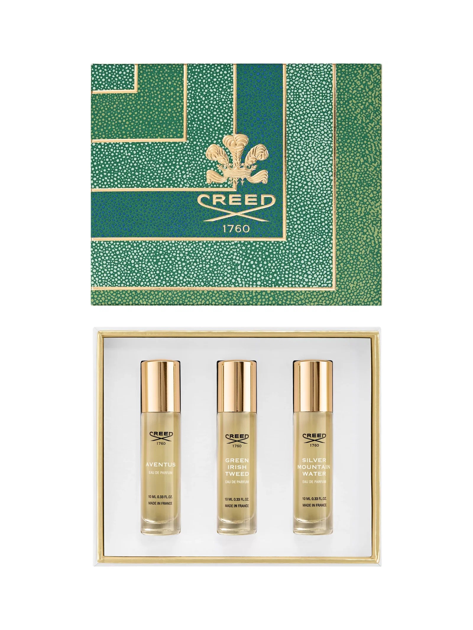 Set Creed: Aventus Eau De Parfum uomo 10ml + Green Irish Tweed Eau De Parfum uomo 10ml + Silver Mountain Water Eau De Parfum uom