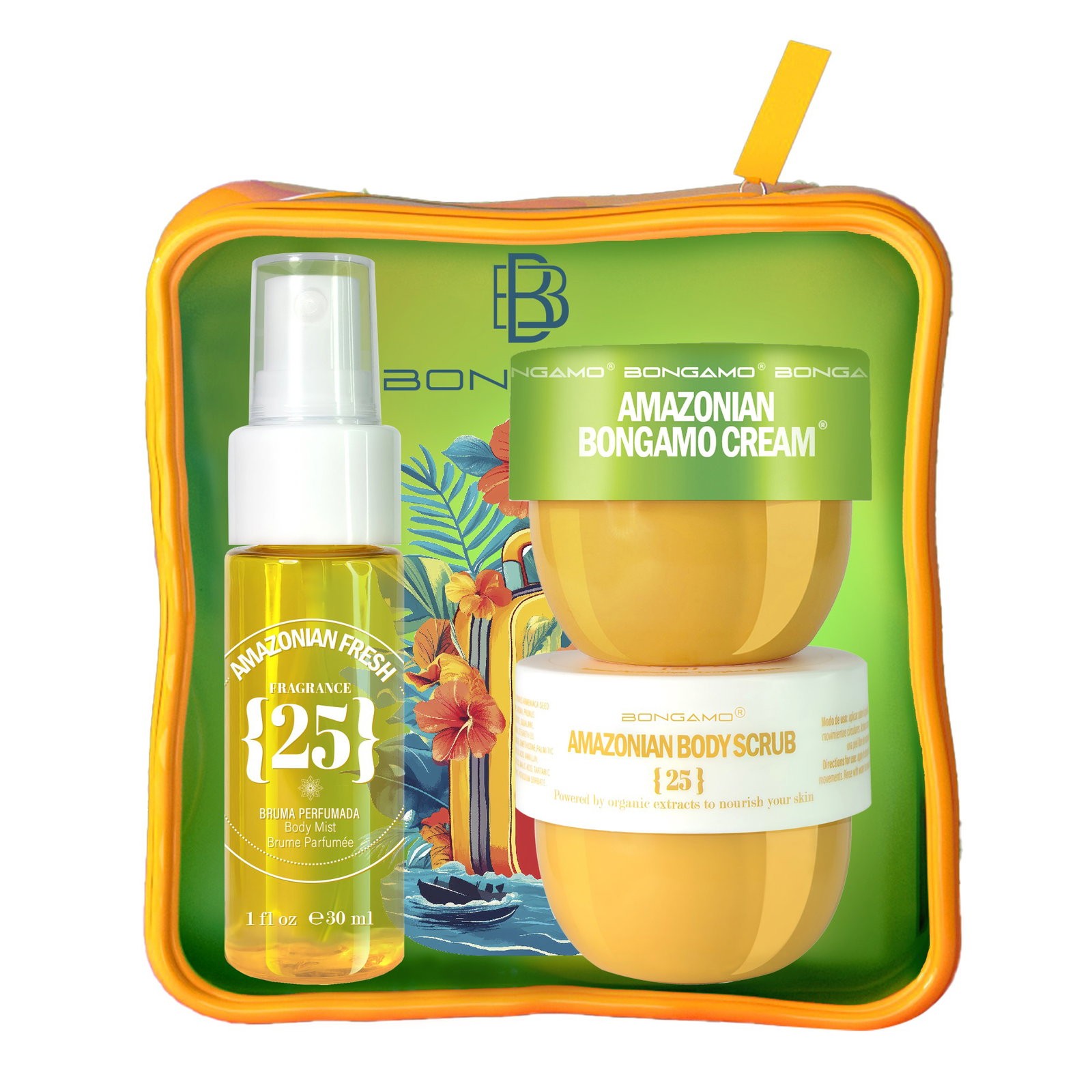 Set Bongamo: Amazonian Fresh 25 rinfrescante spray corpo vaniglia 30ml + Amazonian Fresh 25 levigante scrub corpo 50ml + Amazoni
