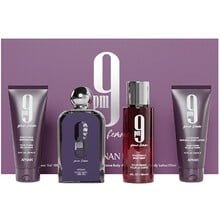 Set regalo Afnan 9PM Pour Femme: Eau de Parfum 100ml, Gel doccia 100ml, Velo corpo 150ml e Lozione corpo 100ml.