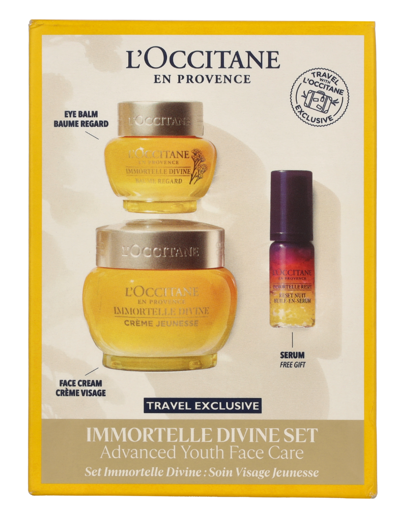 L'Occitane Immortelle Face Care Set Eye Balm 15ml Divine Cream 50ml Overnight Reset Oil 5ml 30ml