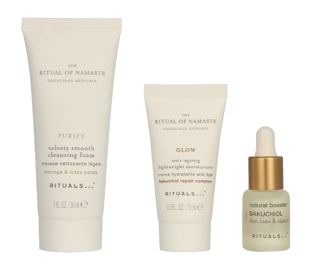 Rituals Namaste Set Velvety Smooth Cleansing Foam 30ml Anti-Ageing Lightweight Moisturiser 15ml Bakuchiol Natural Booster 6,5ml