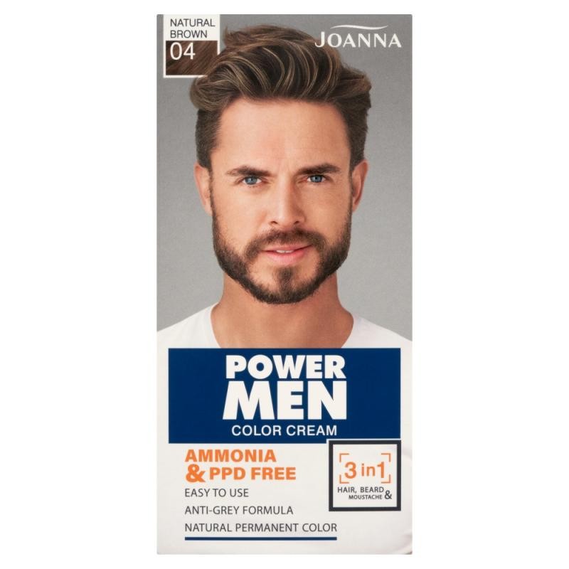 JOANNA Power Men Color Cream 3in1 Tintura per capelli barba baffi per uomo 04 Marrone naturale 30g